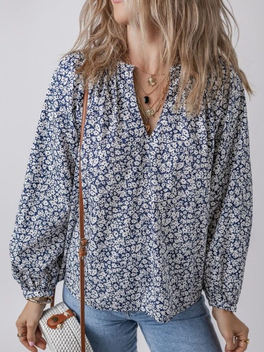 Floral Print Notched Long Sleeve Blouse