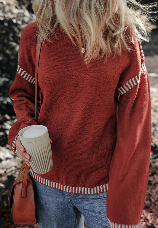 Striped Detail Round Neck Dropped Shoulder Sweater