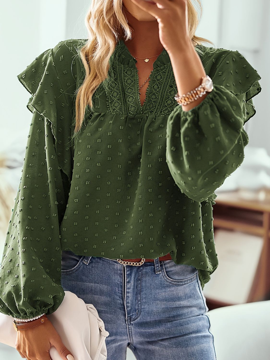 Ruffled Swiss Dot Notched Long Sleeve Blouse