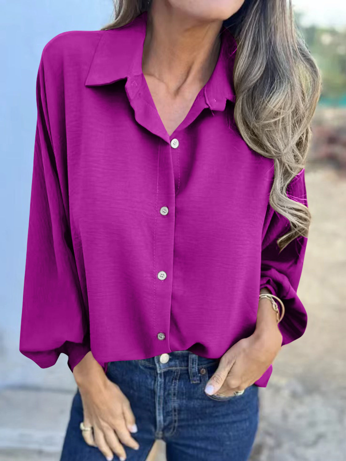 Full Size Collared Neck Long Sleeve Shirt