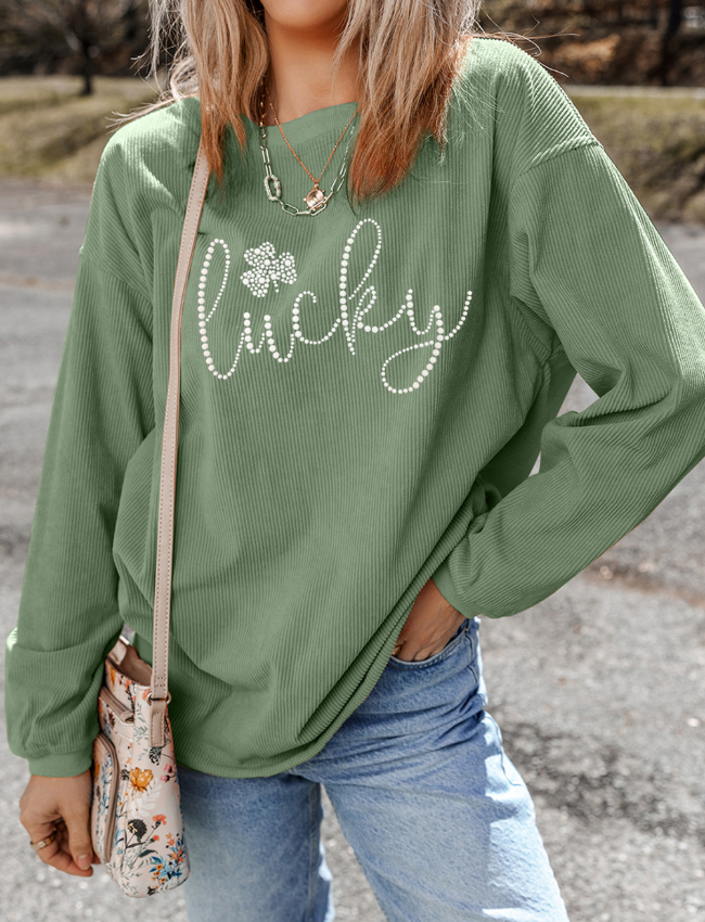 LUCKY Rhinestone Round Neck Long Sleeve Sweatshirt