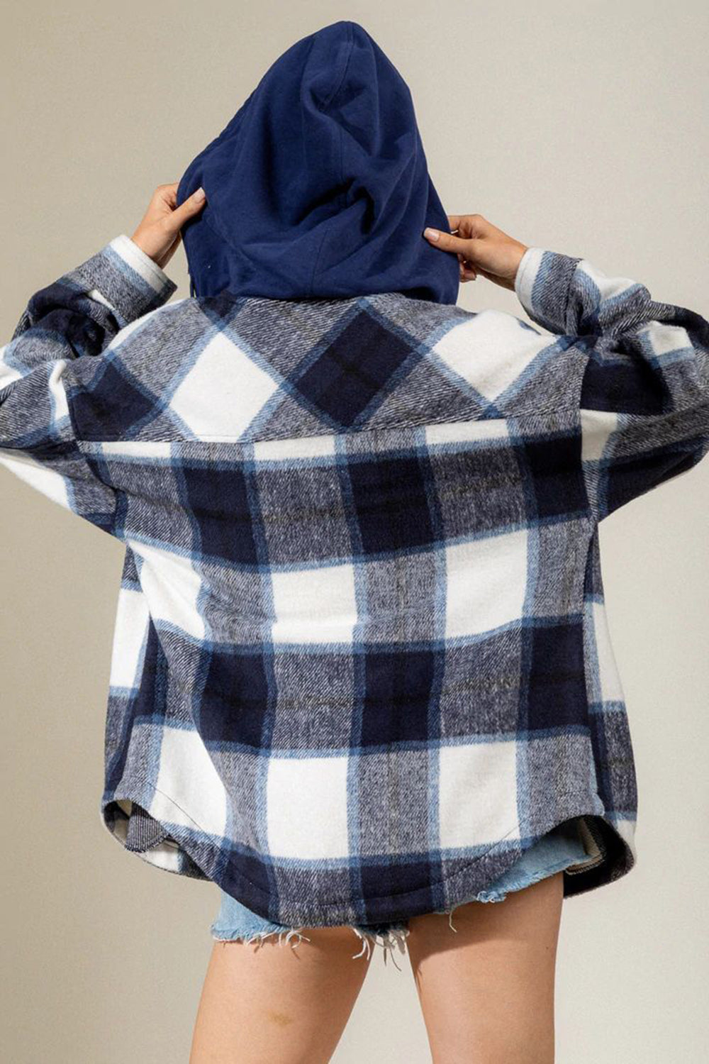 Drawstring Plaid Dropped Shoulder Hooded Shacket