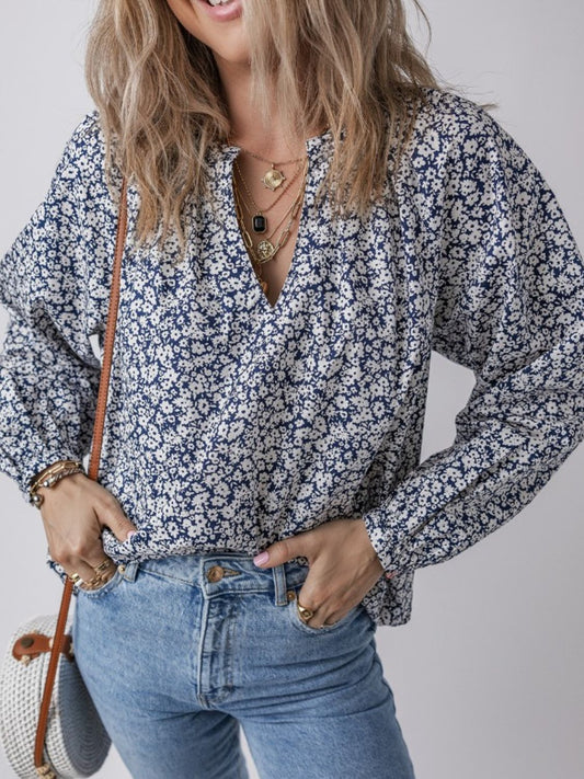 Floral Print Notched Long Sleeve Blouse