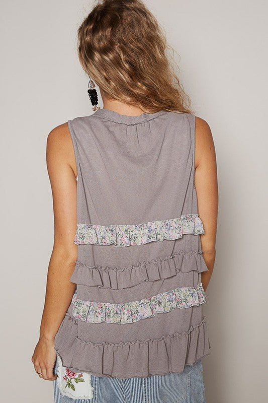 POL Ruffled Open Front Sleeveless Cardigan