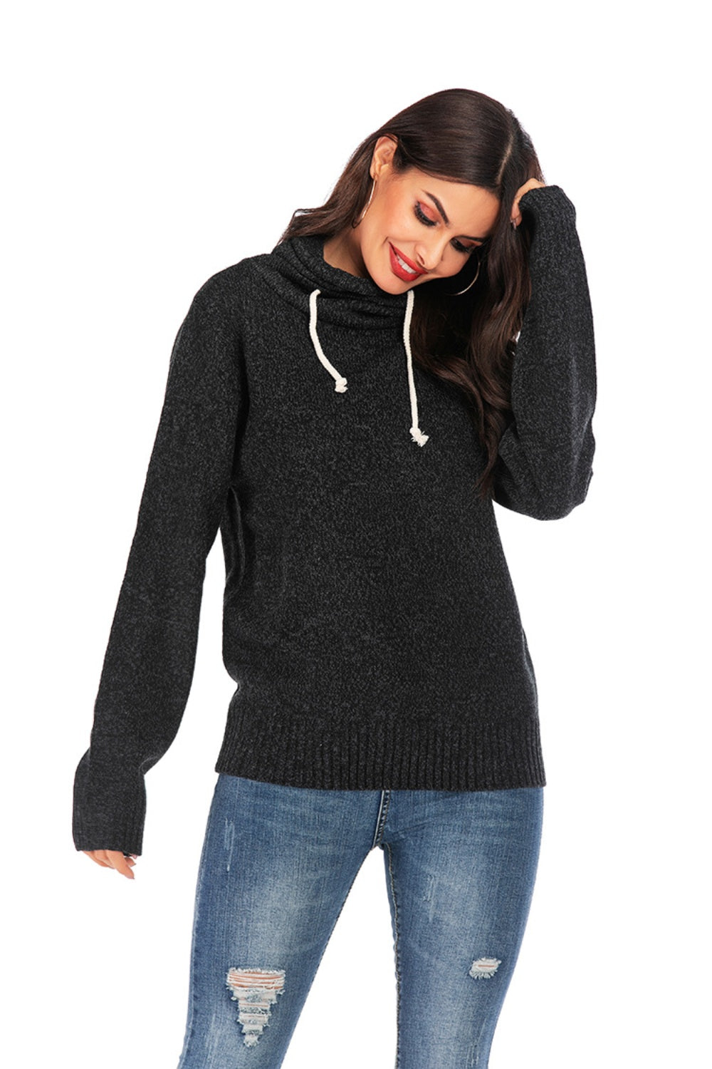 Drawstring Mock Neck Long Sleeve Sweater