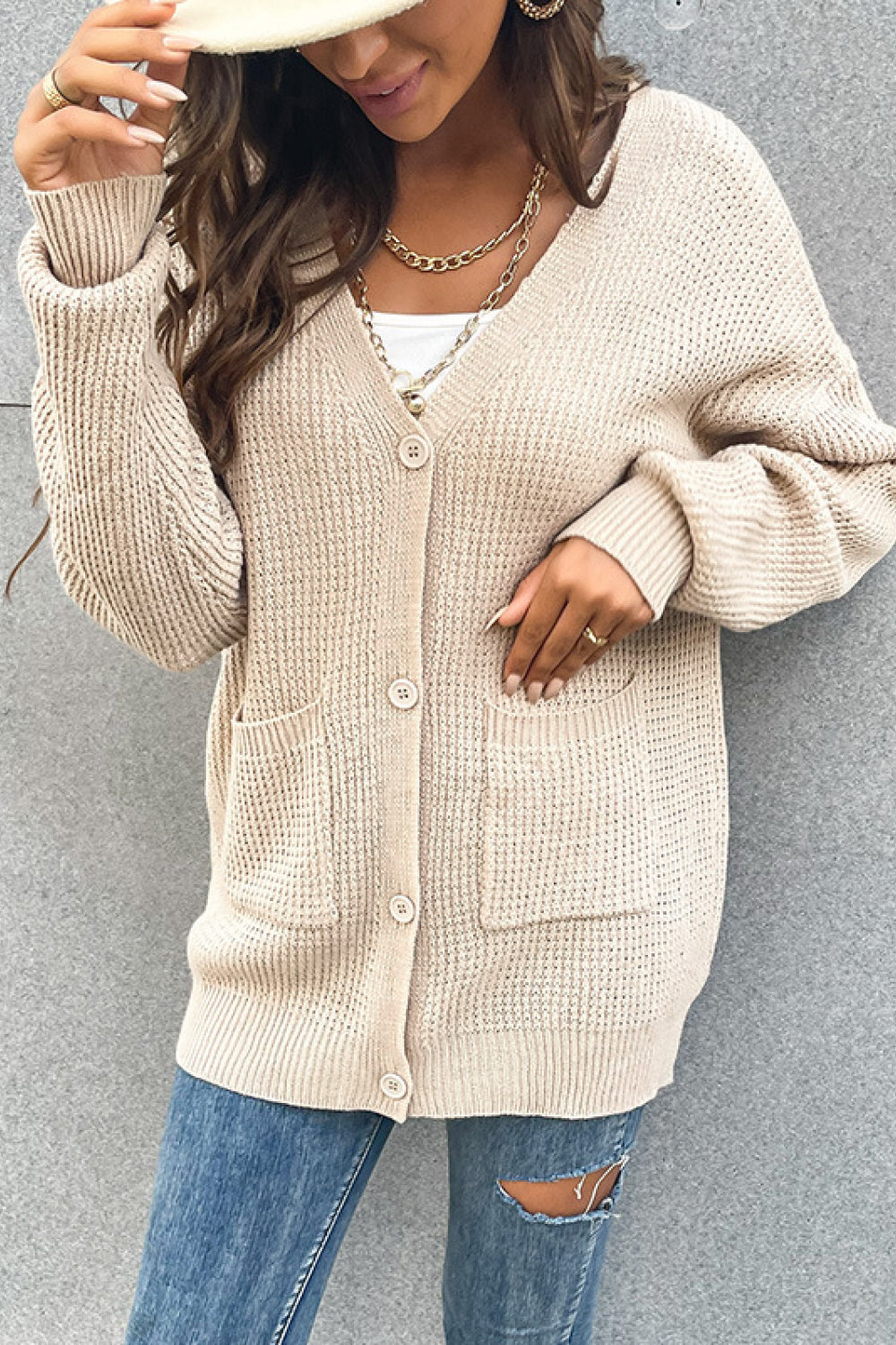 Button Front Drop Shoulder Waffle Cardigan