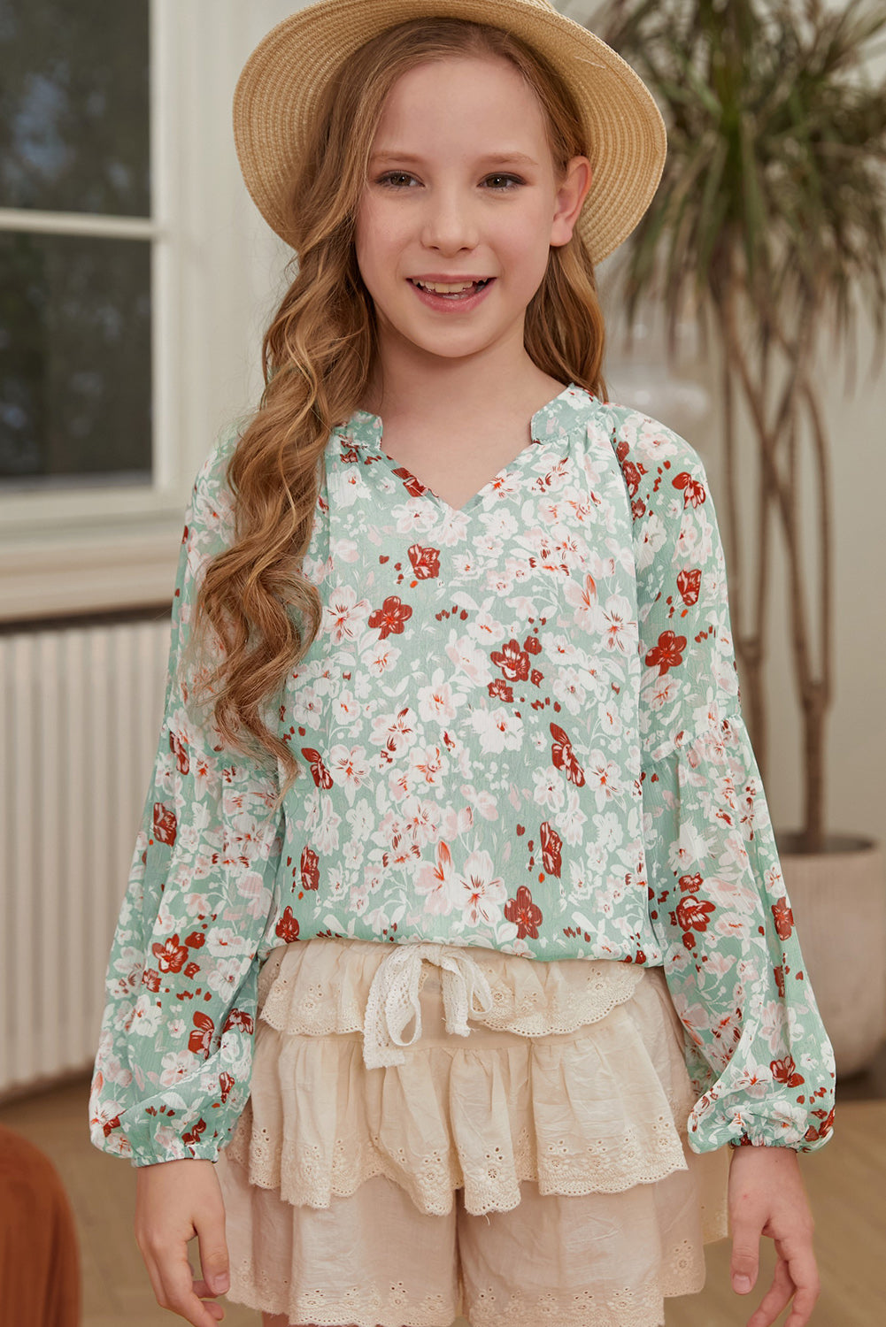 Girls Printed Notched Neck Puff Sleeve Blouse