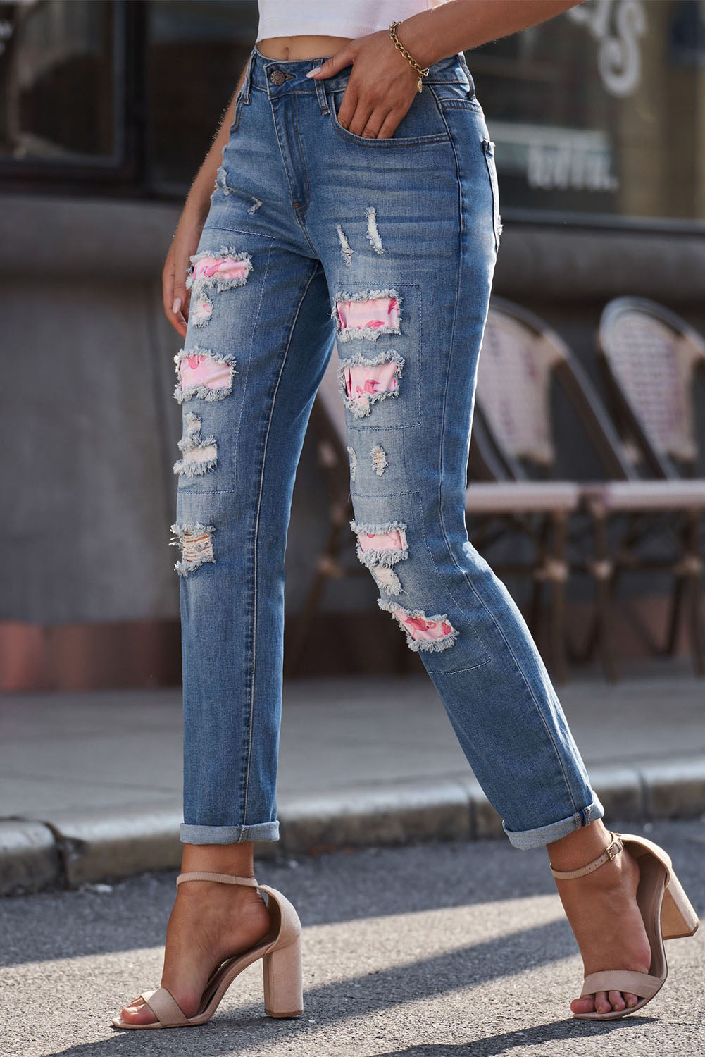 Printed Patch Distressed Boyfriend Jeans