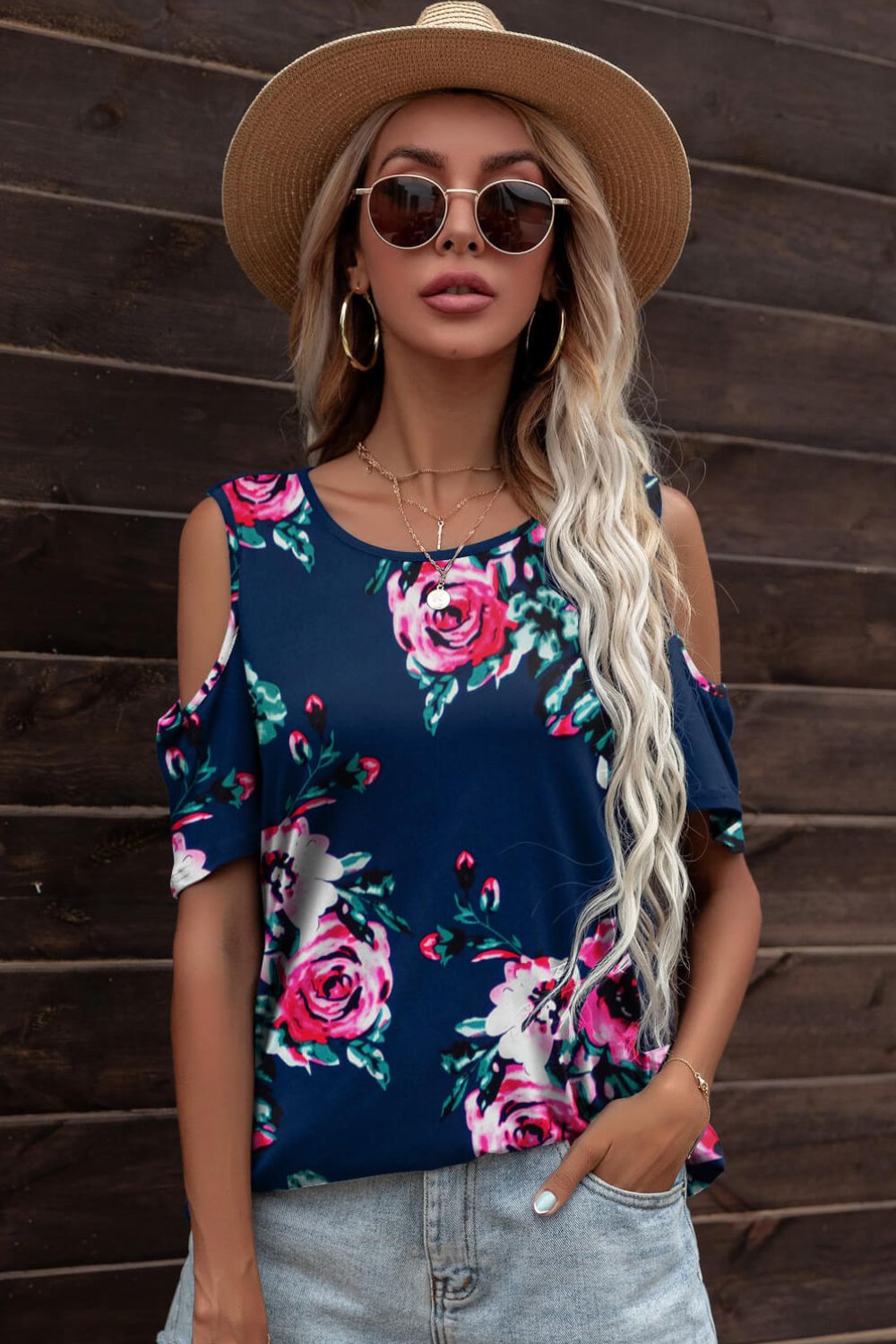 Floral Cold-Shoulder Round Neck Top