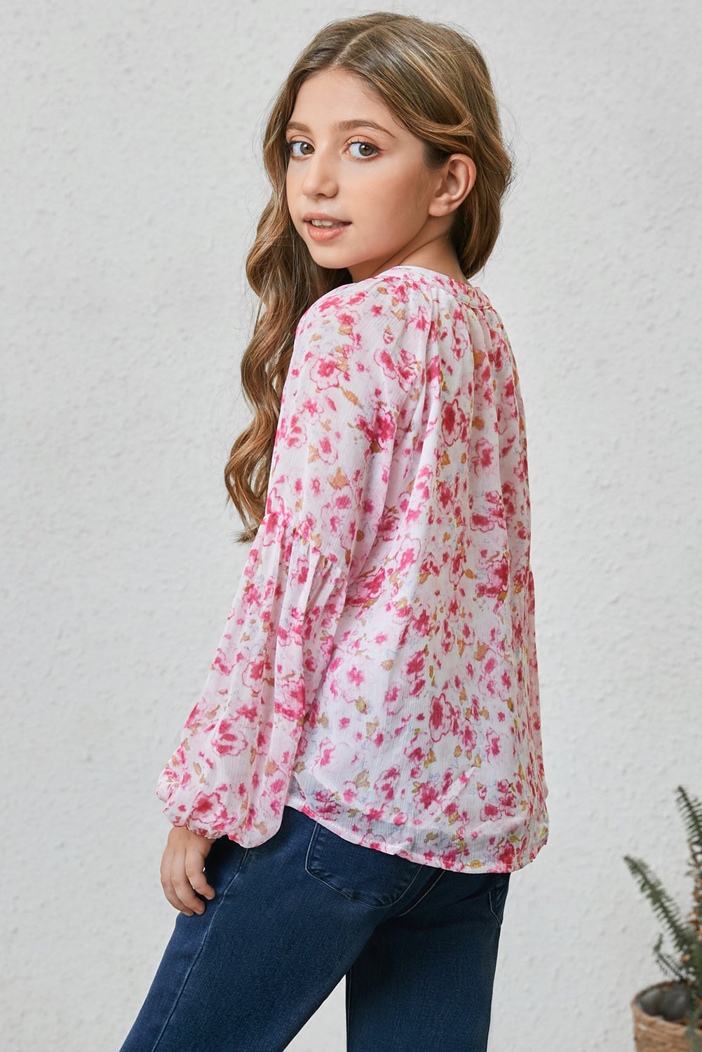 Girls Printed Notched Neck Puff Sleeve Blouse