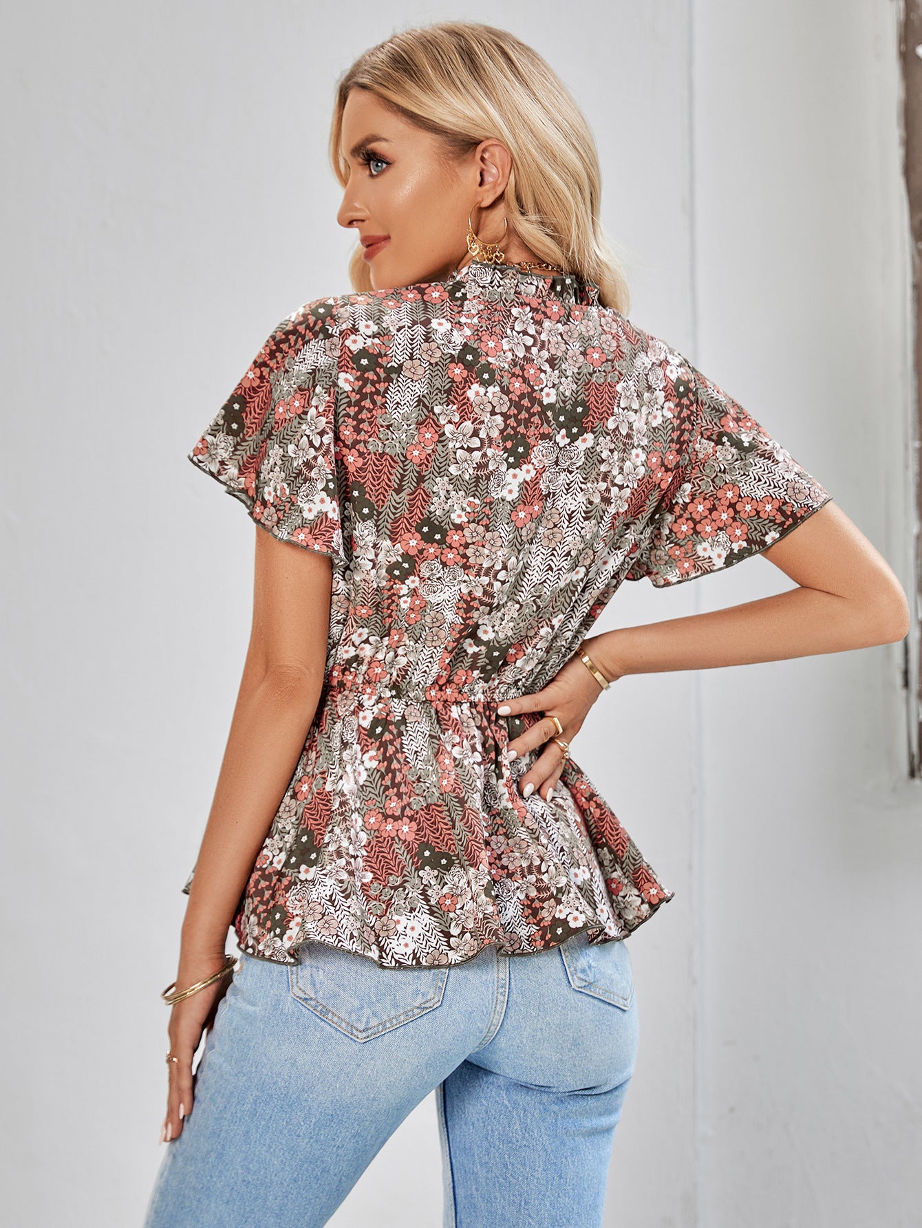 Floral Flutter Sleeve Peplum Blouse