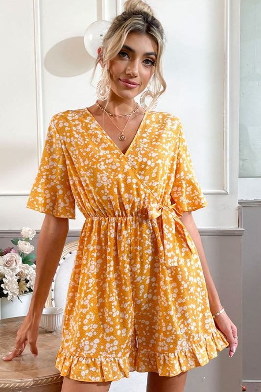 Printed Surplice Neck Ruffled Romper