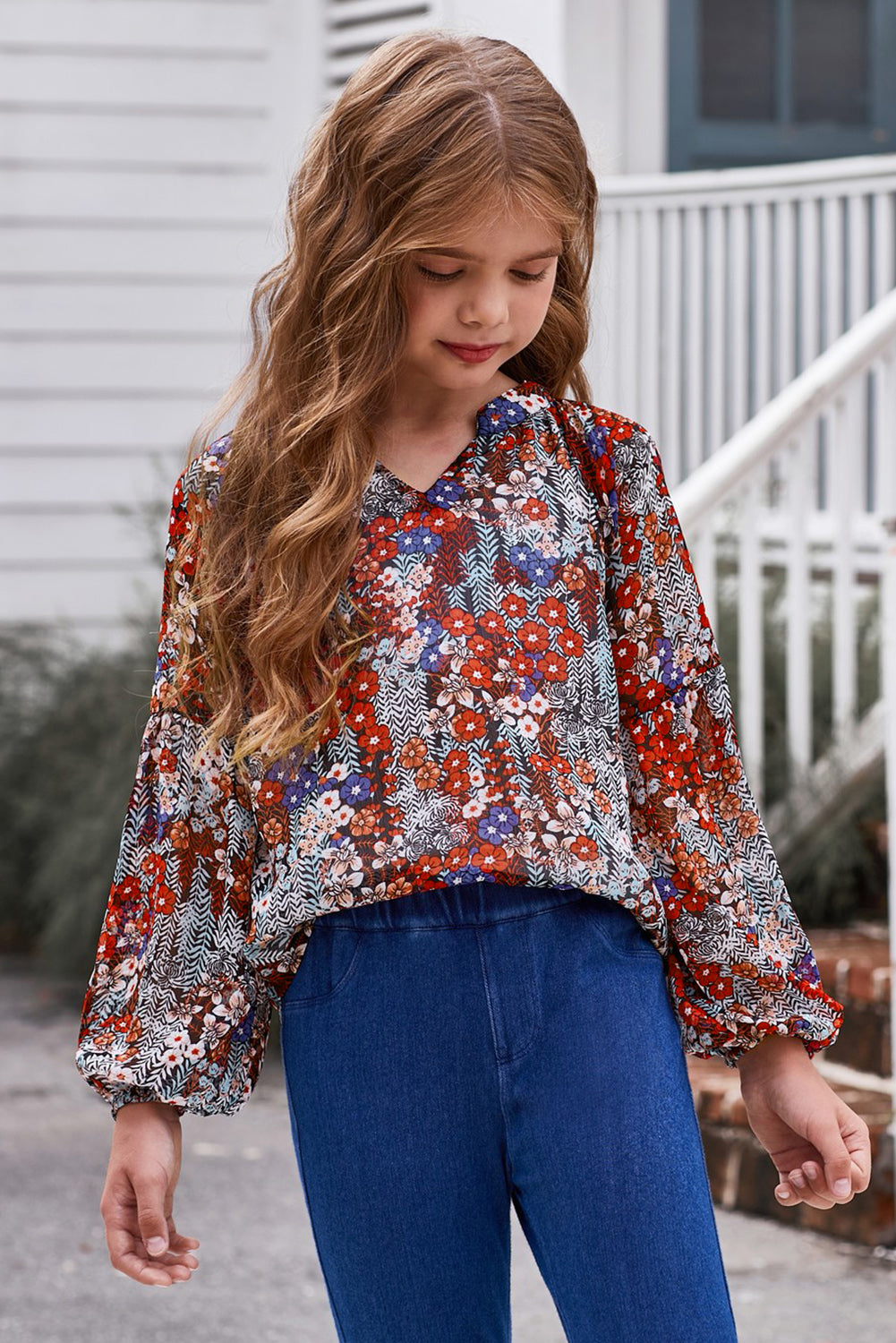 Girls Printed Notched Neck Puff Sleeve Blouse