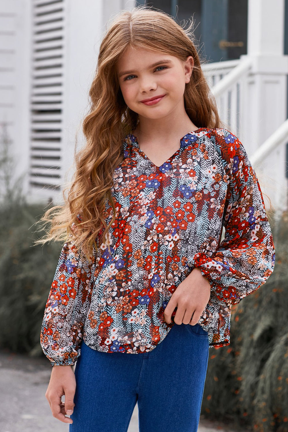 Girls Printed Notched Neck Puff Sleeve Blouse