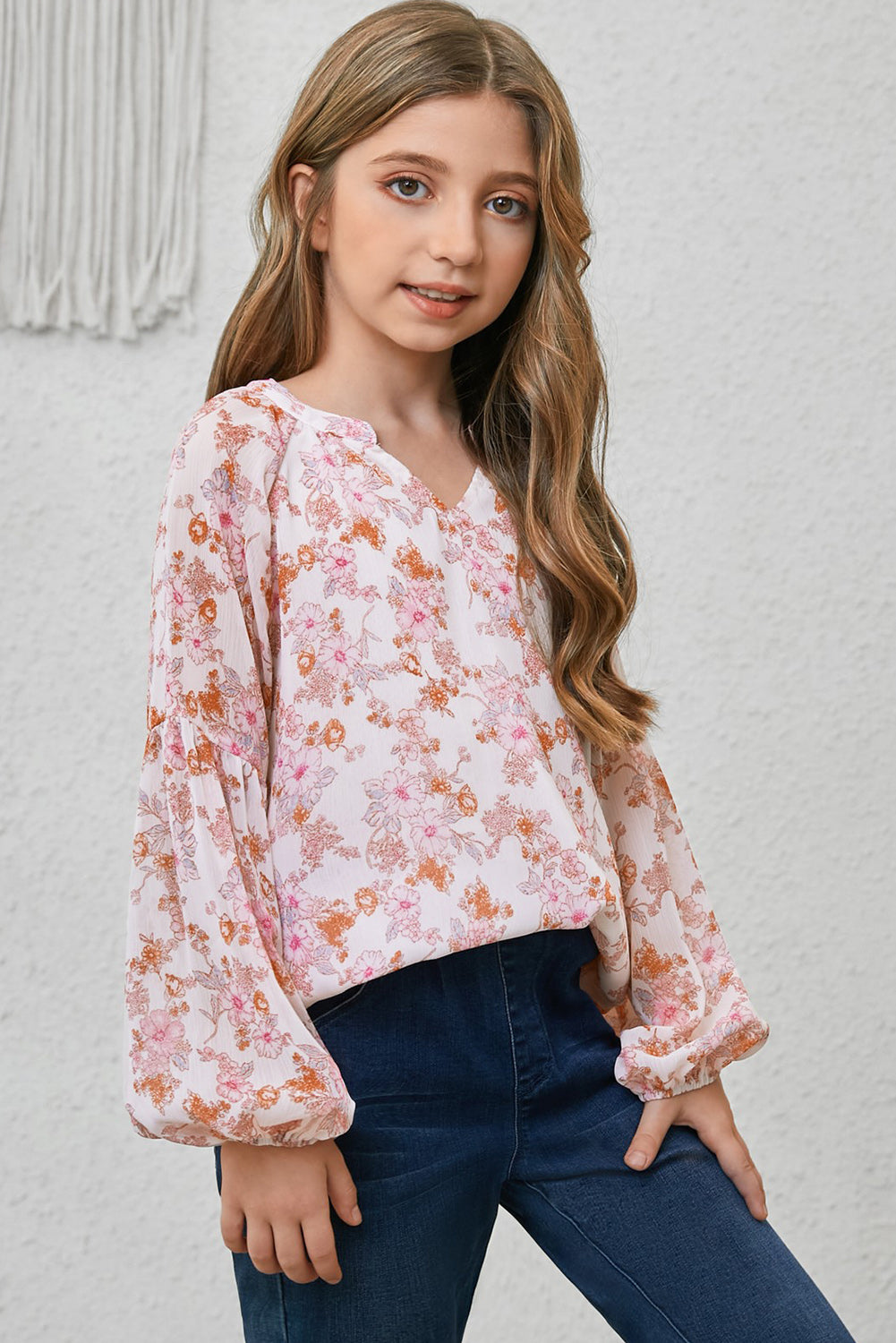 Girls Printed Notched Neck Puff Sleeve Blouse