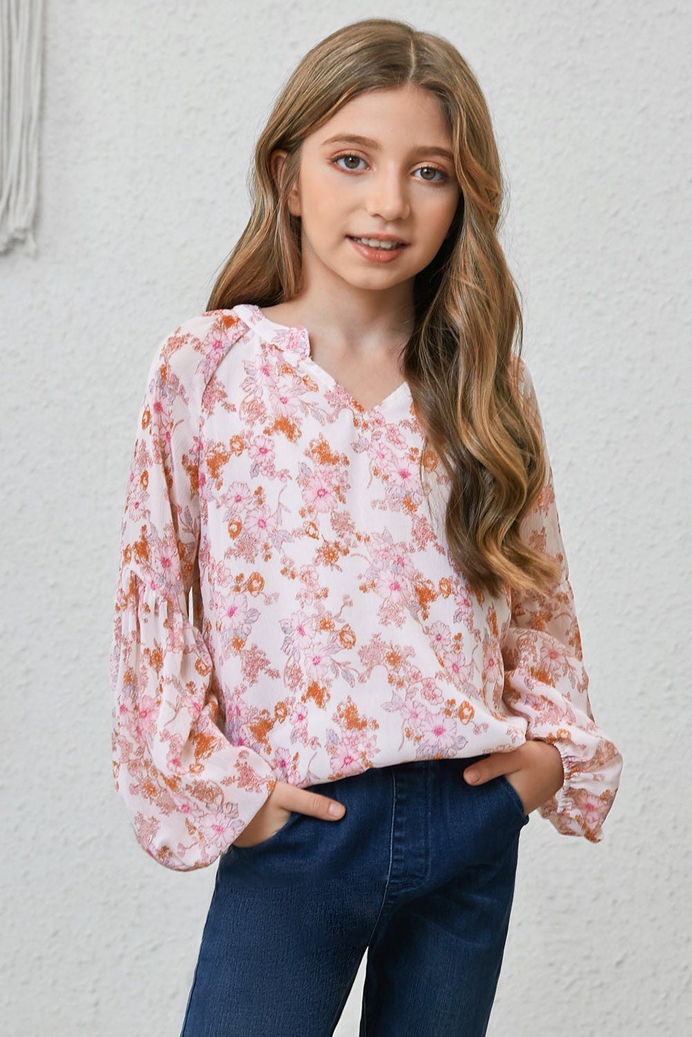 Girls Printed Notched Neck Puff Sleeve Blouse