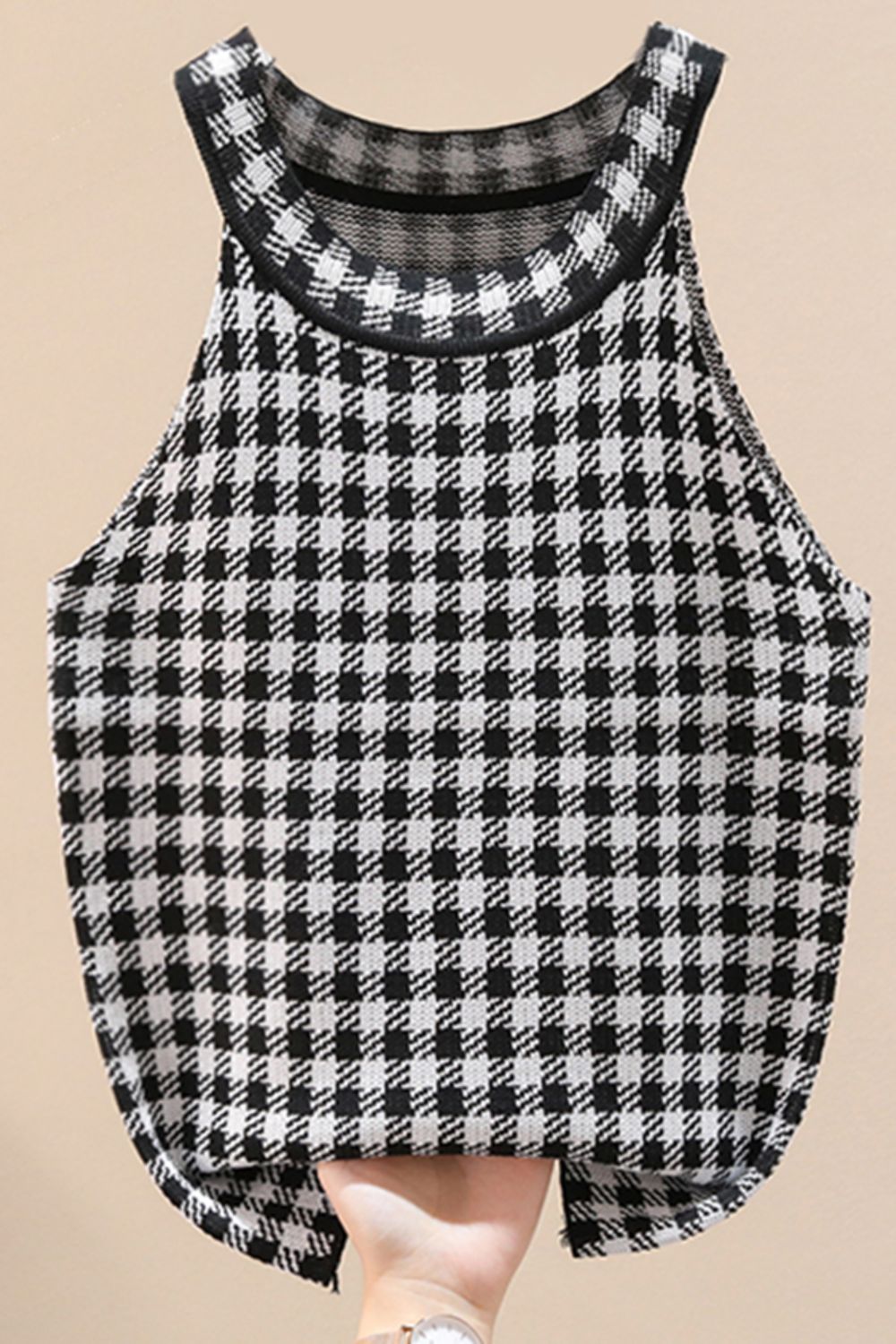 Plaid Round Neck Sleeveless Knit Top