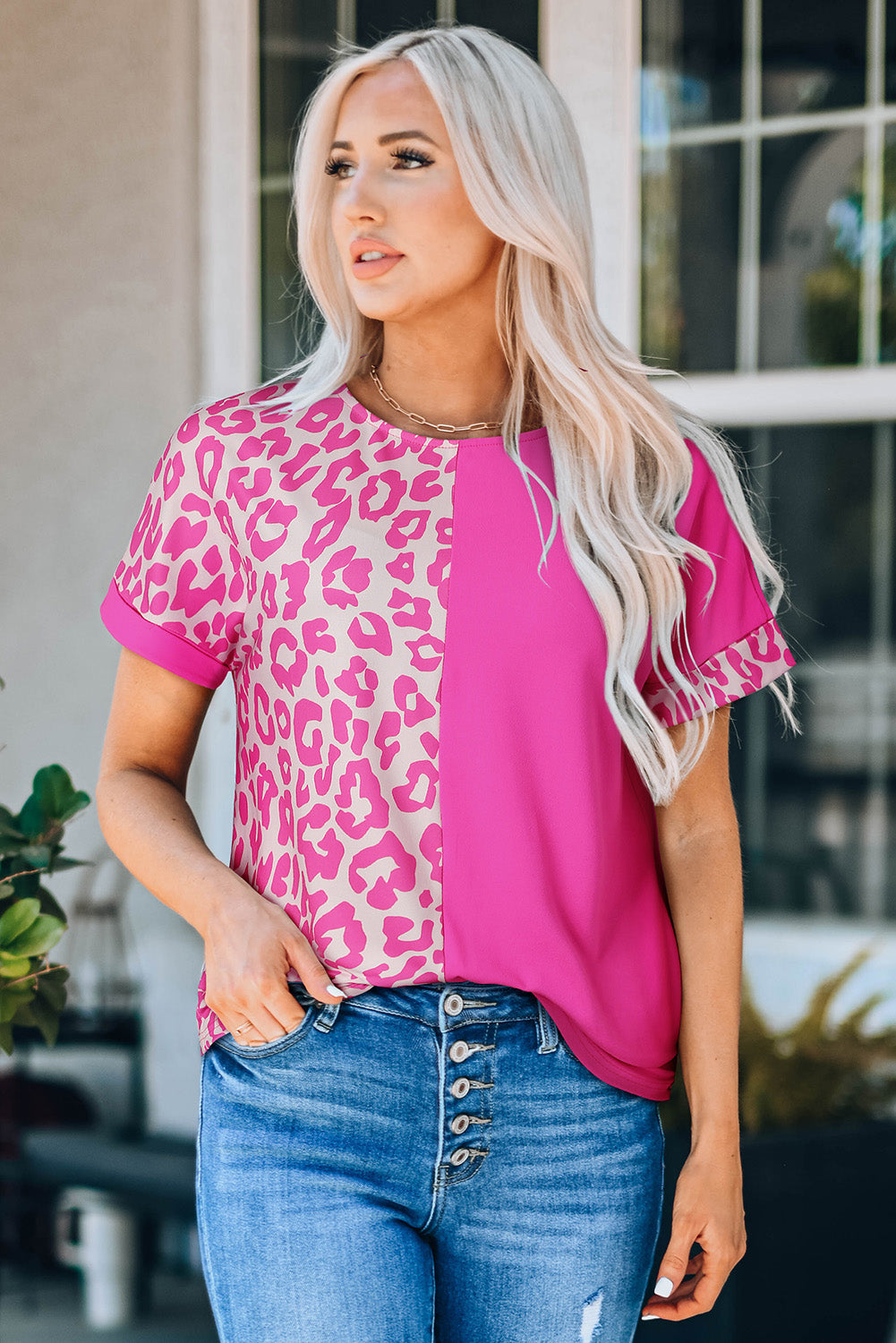 Leopard Two-Tone Round Neck Tee