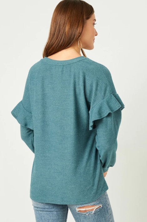 WOMENS BRUSHED RUFFLE SLEEVE TOP