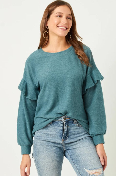 WOMENS BRUSHED RUFFLE SLEEVE TOP