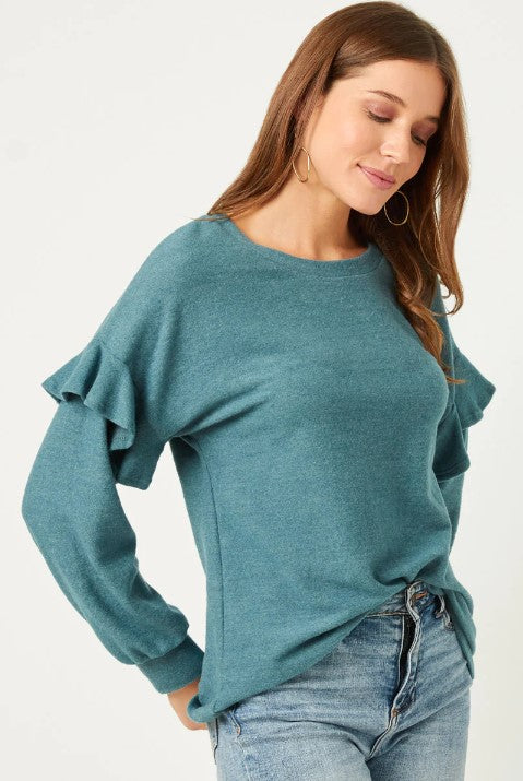 WOMENS BRUSHED RUFFLE SLEEVE TOP