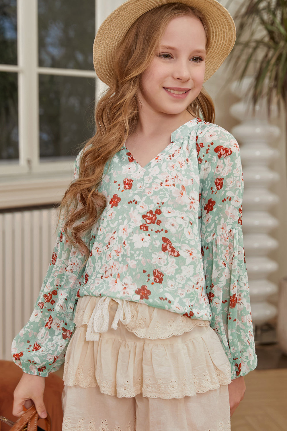 Girls Printed Notched Neck Puff Sleeve Blouse