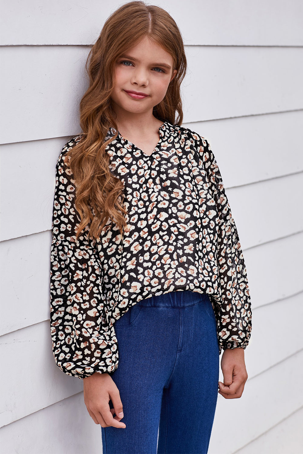 Girls Printed Notched Neck Puff Sleeve Blouse