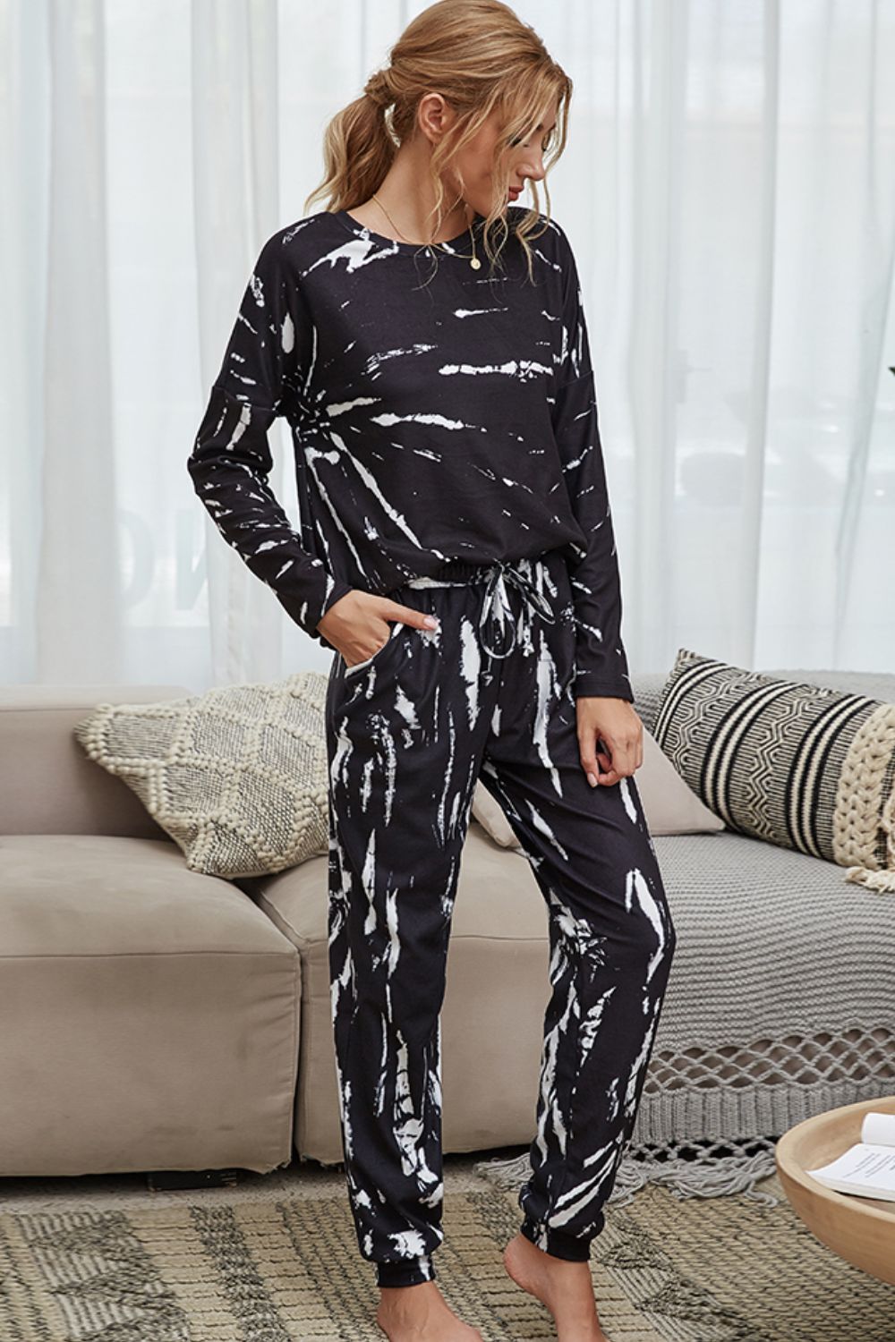 Tie-Dye Round Neck Top and Drawstring Waist Joggers Lounge Set