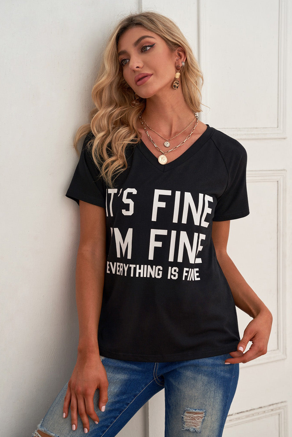 Slogan Graphic V-Neck Short Raglan Sleeve Tee