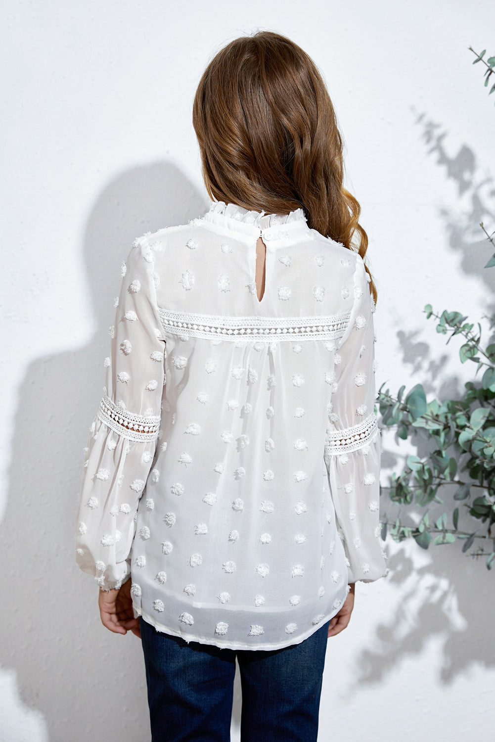 Girls Swiss Dot Spliced Lace Notched Blouse