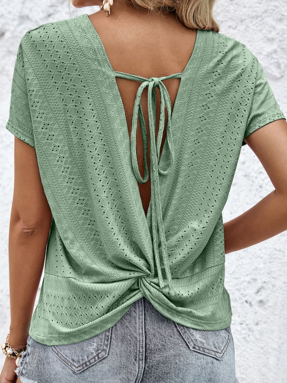 Twist Back Tied Eyelet Top