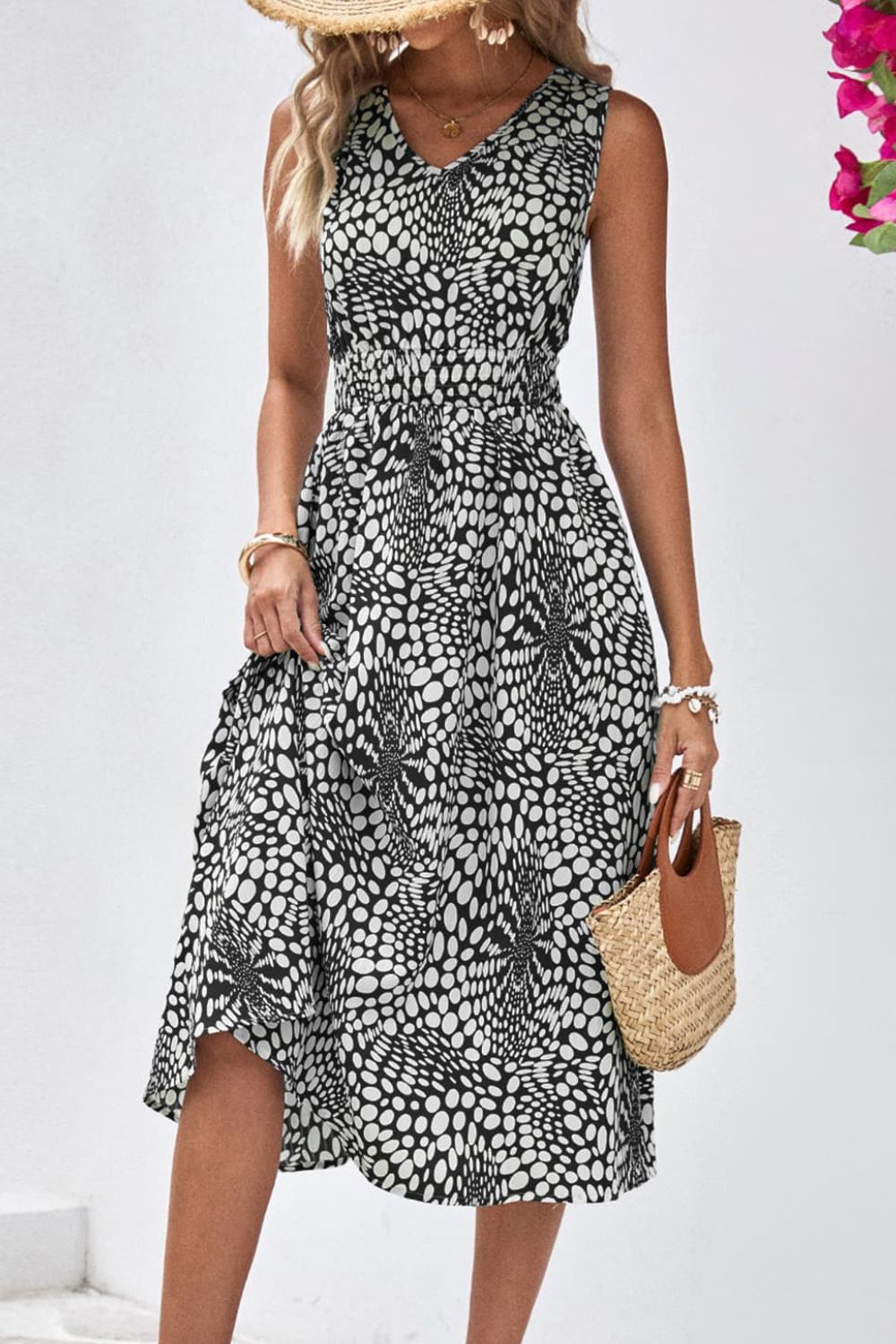 Printed V-Neck Sleeveless Dress